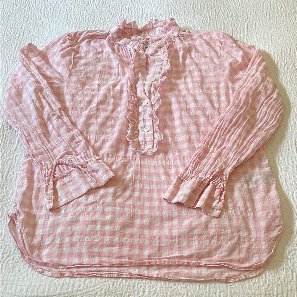 J. Crew Pink Gingham Ruffle Pullover Blouse